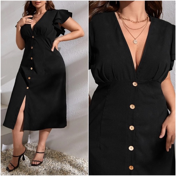 Plus Button up Butterfly Sleeve Dress - Picture 3 of 9